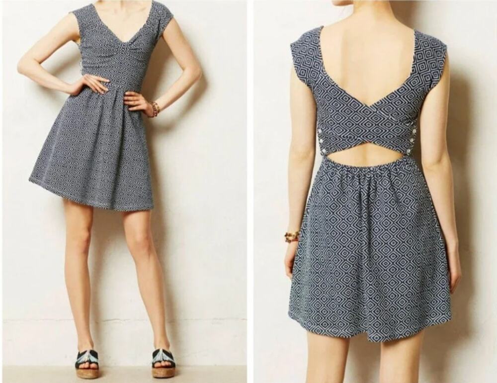 Anthropologie Postmark Matilde Dress Cutout Fit Flare Preppy Mod Blue Stripe 6